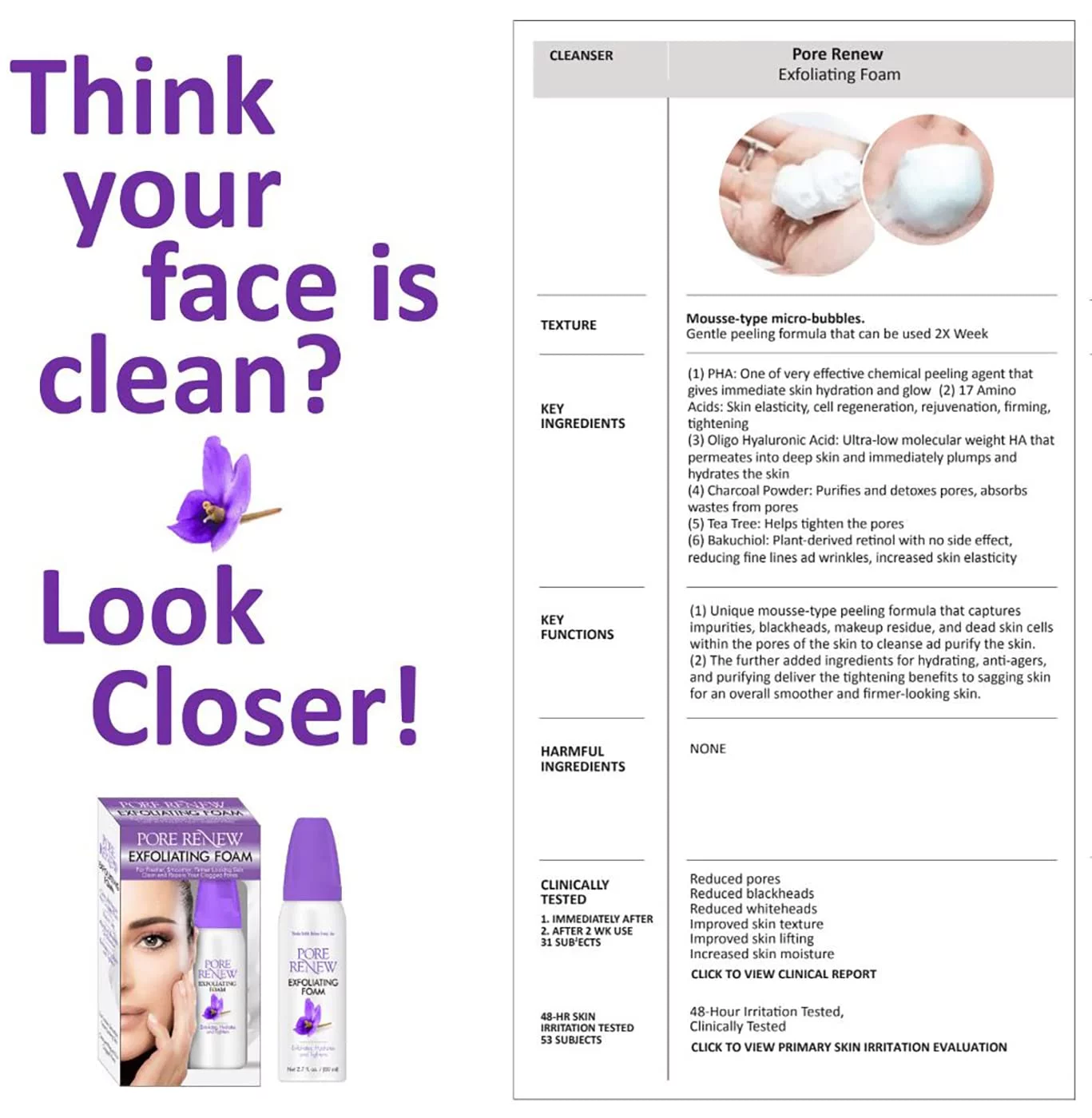 Pore Renew 2.7 Fl. Oz. / 80 Ml Exfoliating Foam, Deep Cleanser That Peels, Hydrates, And Tightens Skin For A Fresher, Smoother, And Firmer Looking Complexion In Minutes