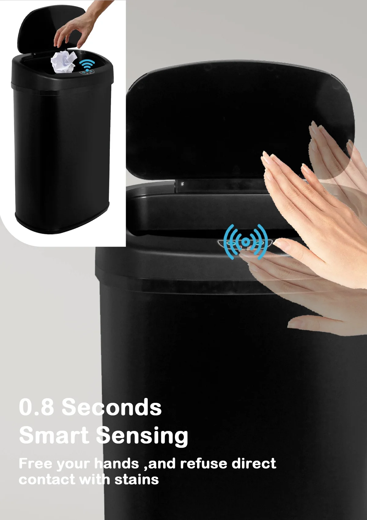 CL.HPAHKL 13 Gallon Trash Can with Touch-Free & Motion Sensor, Automatic Stainless-Steel Kitchen Garbage Can with Lid, Trashcan Trash Bin for for Bathroom Bedroom Home Office, Black