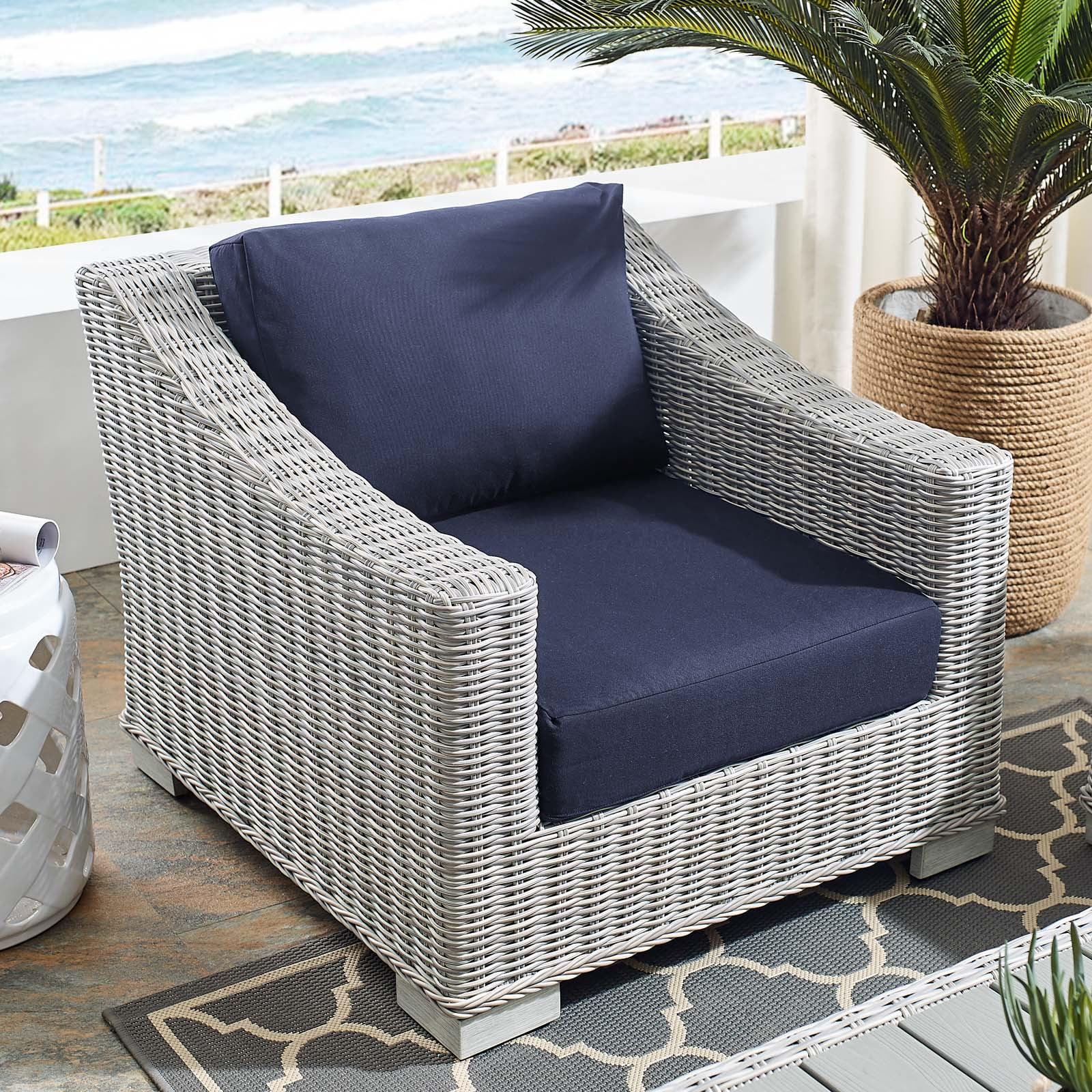 Modway Conway Sunbrella® Outdoor Patio Wicker Rattan Armchair in Light Gray Navy