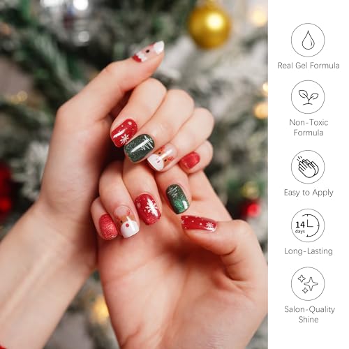 DANNI & TONI Semi Cured Gel Nail Strips Christmas Santa Claus Snowflakes Cat Eye Gel Nail Wraps 28 Stickers | Mistletoe Meow