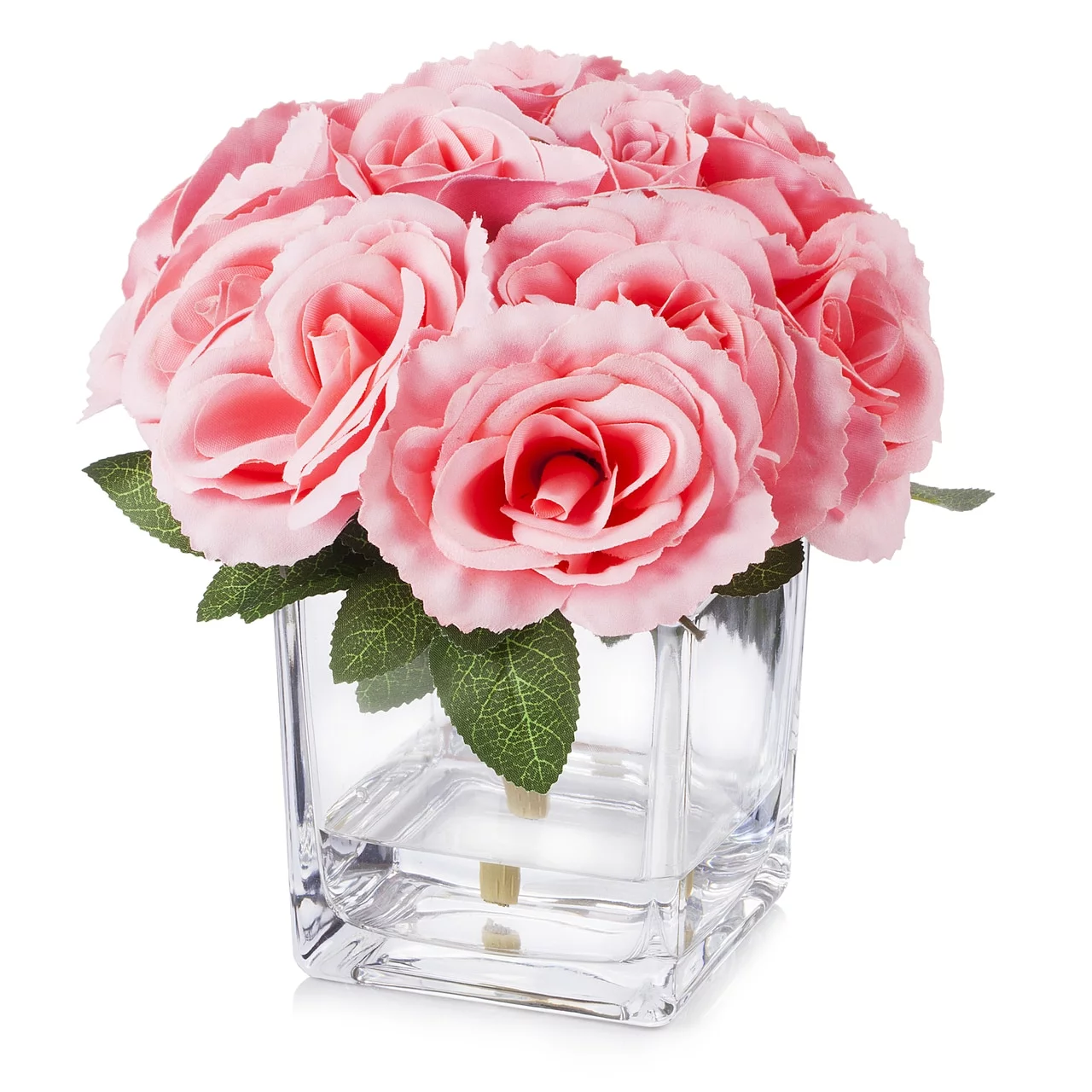 Enova Home Artificial Flowers Velvet Roses Fake Flowers Arrangement in Cube Glass Vase with Faux Water for Home Office Wedding Decoration (Pink)