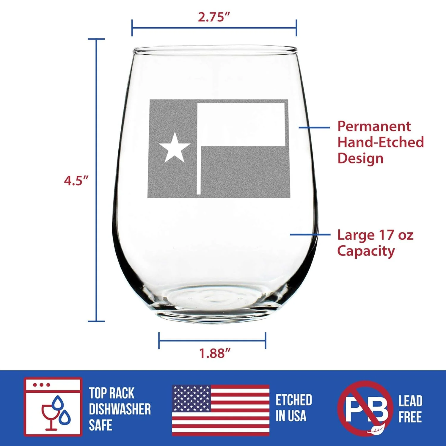 exas Flag – Cue Funny Semless Wine Glass, Large 17 Ounces, Eched Sayings, Gif Box