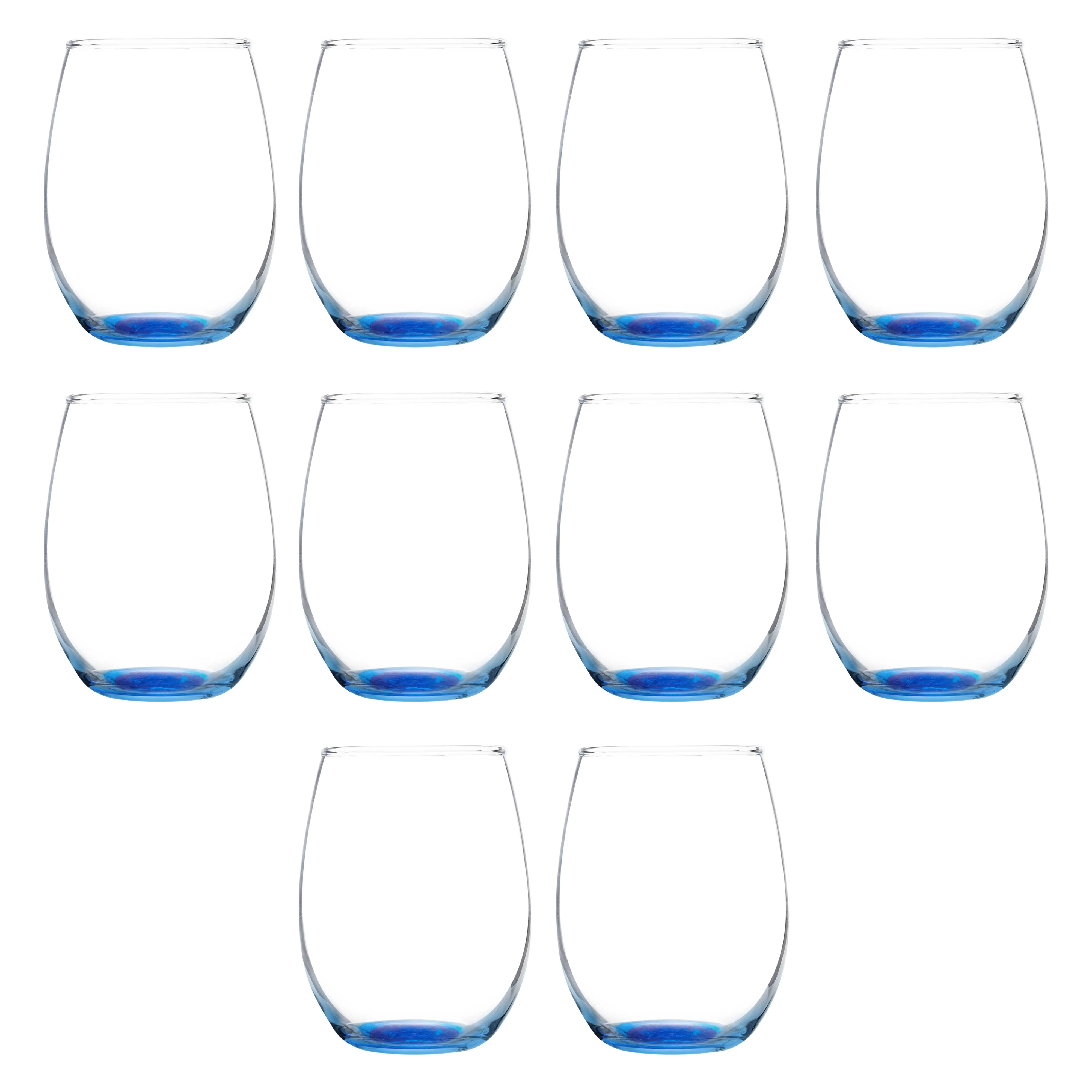 Stemless Wine Glass 9 oz. Set of 10, Bulk Pack - Great for Wedding Favors, Bachelorette Party Decorations, Party Favors, Color Bottom - Blue