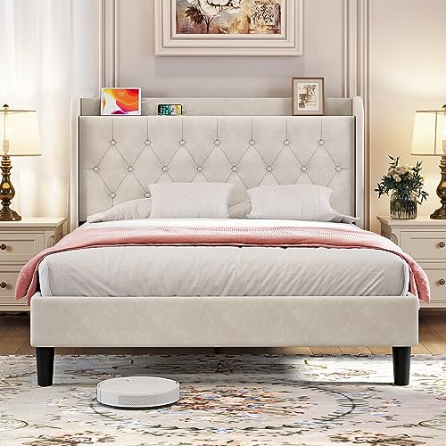 Queen Bed Frame, Velvet Adjustable Upholstered Platform Bed Frame with Type-C&USB Ports, Wingback Storage Headboard, Solid Wood Slats Support, No Box Spring Needed, Noiseless, Off White
