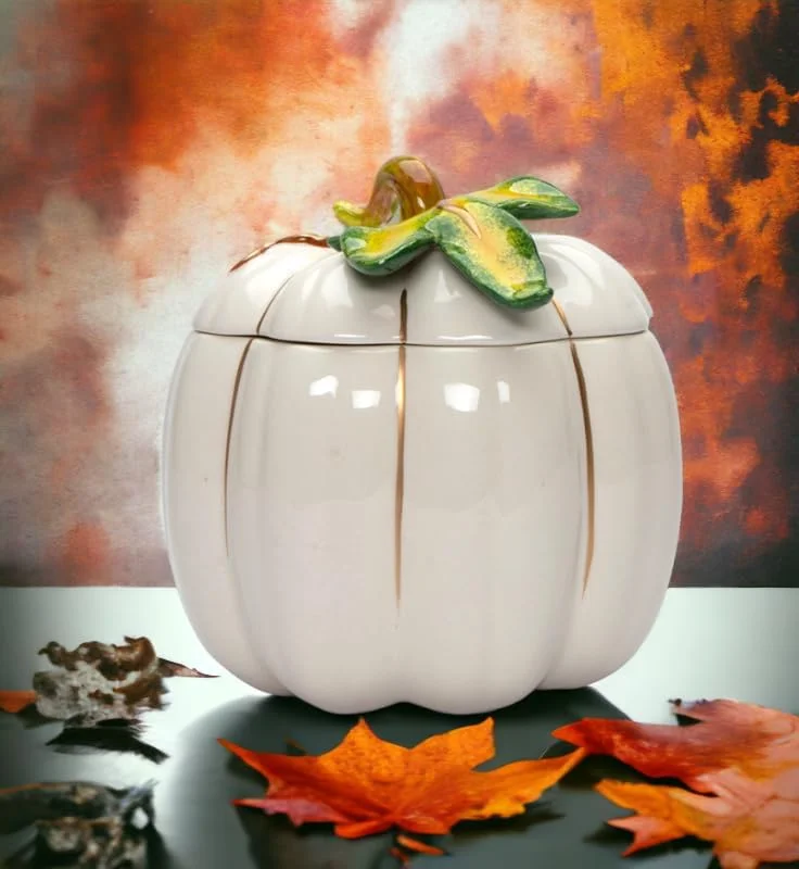 Fine Ceramic Thanksgiving Harvest White Pumpkin Cookie Candy Jar, 6-5/8