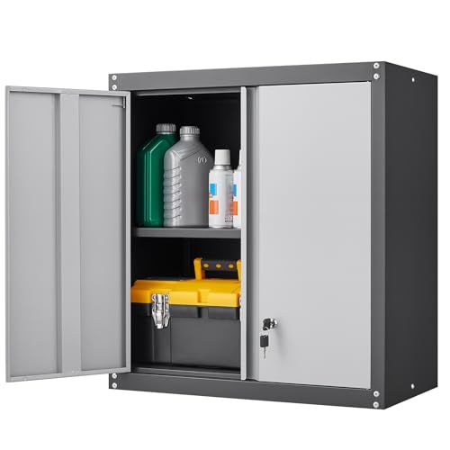 GREATMEET Metal Storage Cabinet with Locking Doors and Wheels,Garage Cabinet with Shelves for Home Office, Gym, School,Black+Grey