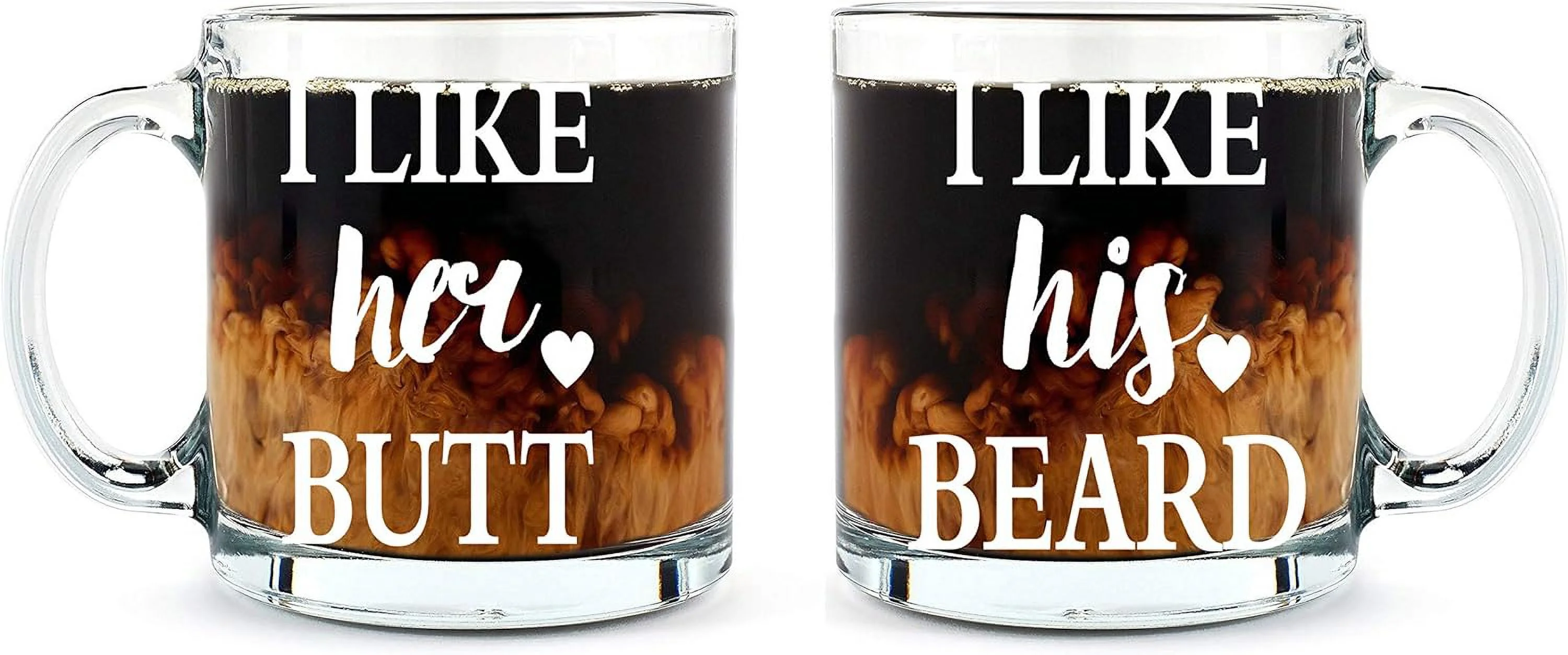 I Like His Beard, I Like Her Couples Mug - Funny Couple Mug - (2) 13OZ Glass Coffee Mug - Funny Mug Set - Mugs For Boyfriend And Girlfriend And Husband And Wife
