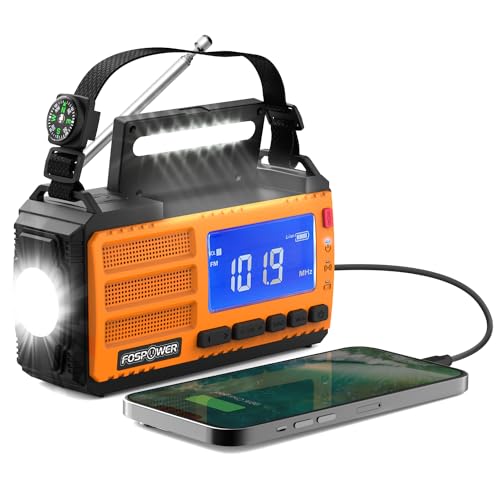FosPower Emergency Weather Radio (Model A3) NOAA/AM/FM with 14800mWh Portable Power Bank, USB/Solar/Hand Crank Charging, Battery Operated, SOS Alarm & Flashlight for Indoor/Outdoor Emergencies