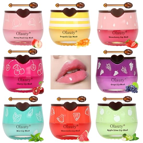 4 PCS Bee Lip Balm Honey Pot-Strawberry, Watermelon, Apple Lime, Honey Lip Mask Overnight Propolis Moisturizing,Vitamin E Prevention Cracked &Chapped Lips,Christmas Gifts Lip Balm