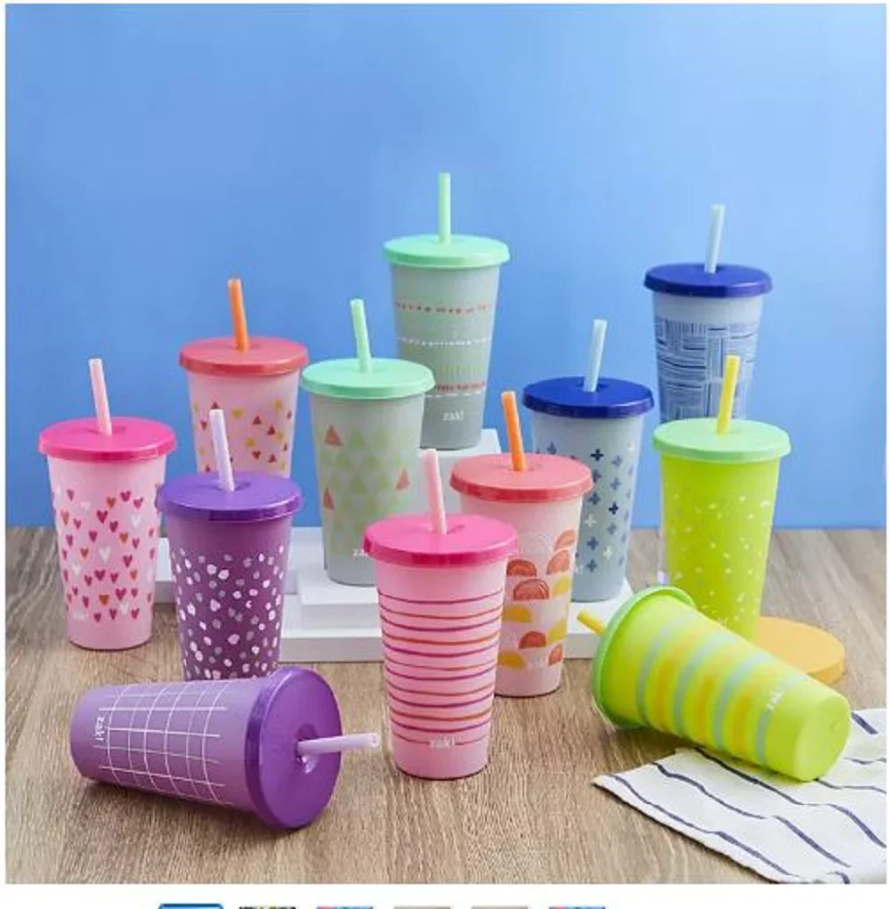 Zak Designs 25-oz. Color-Changing Tumbler 12-Pack Set Reusable Plastic with Splash-Proof Lids and Straws-Painted Marks