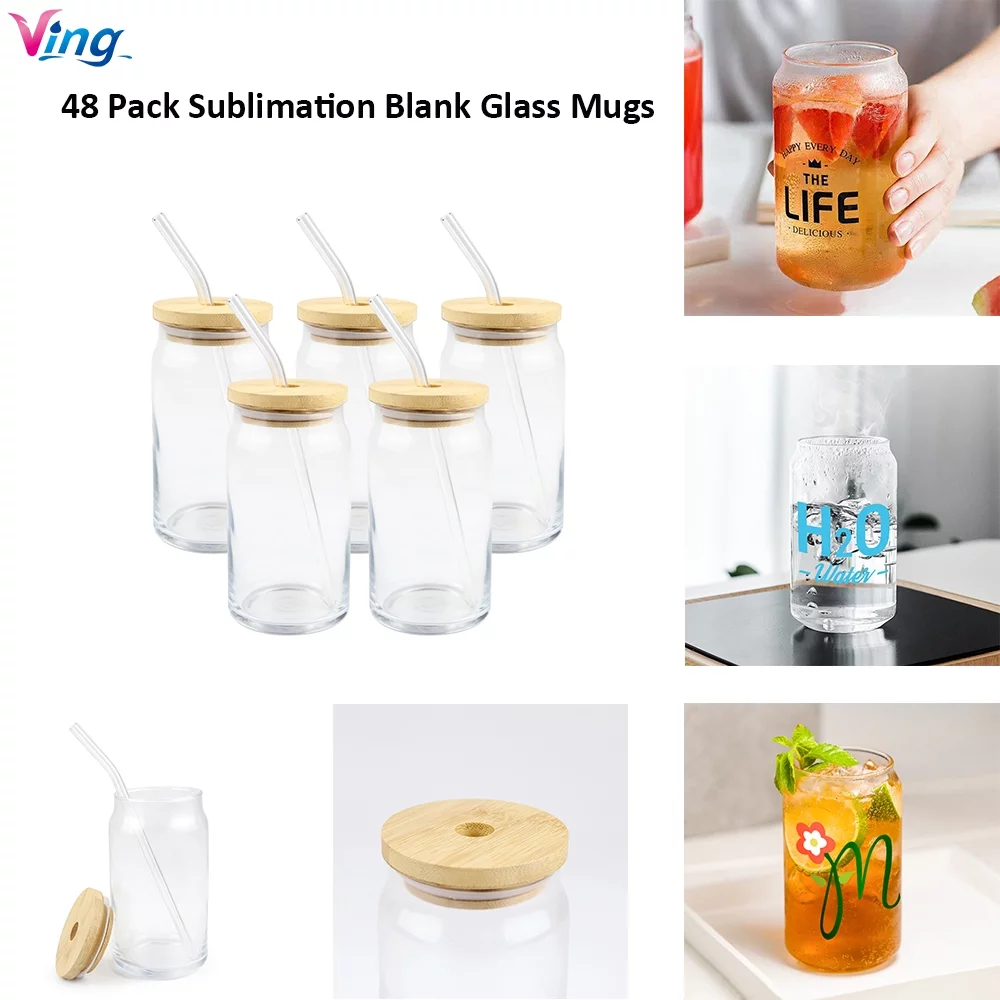 VING 48 Pack 16oz Sublimation Clear Glass Mug Blank Beer Glasses Coke Can Shaped Glass Tumbler Cups Bottles Jars with Bamboo Lid and Glass Straw