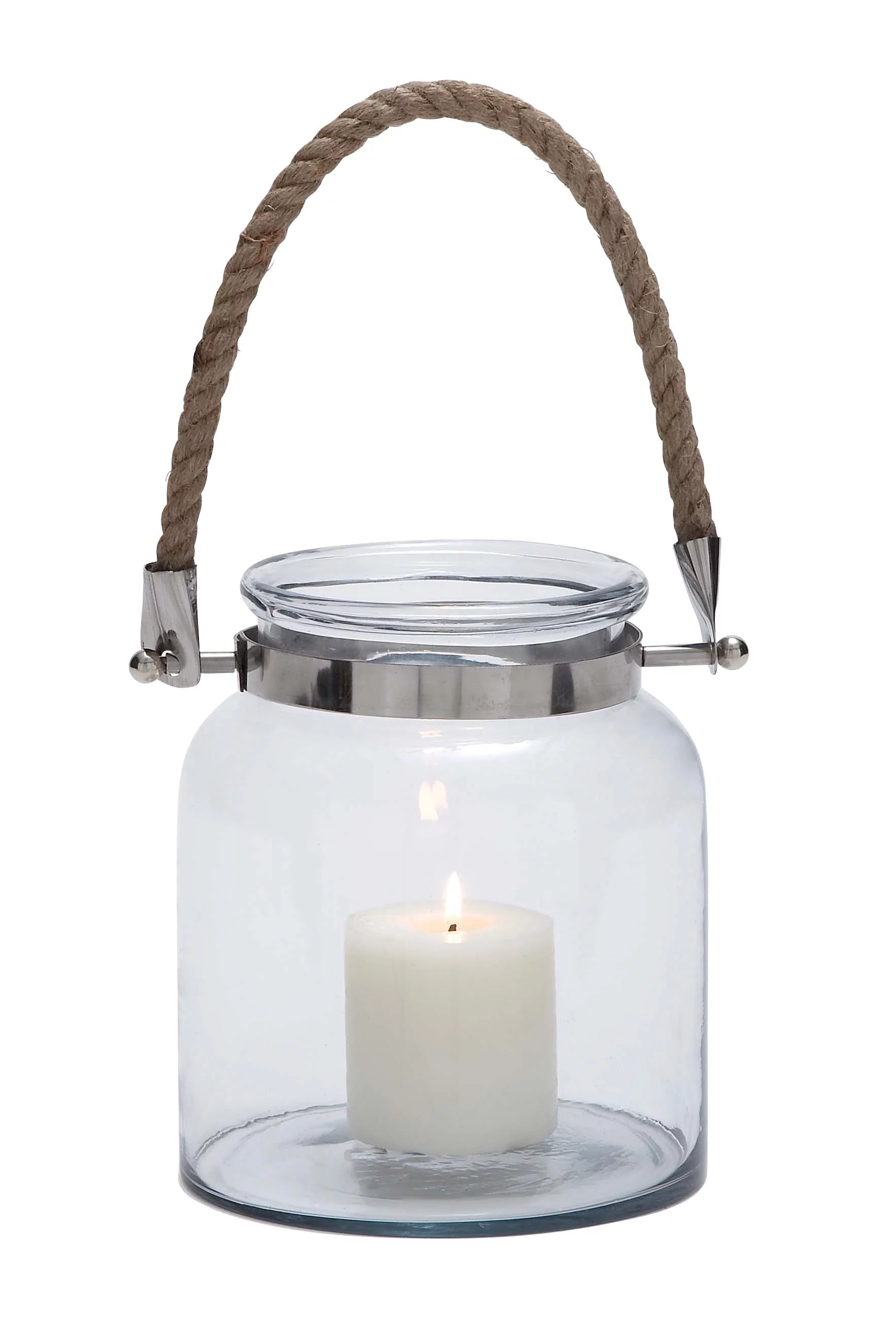 DecMode Clear Glass Handmade Decorative Candle Lantern with Rope Handle