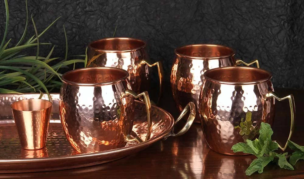 A29 Moscow Mule 4 Handcrafted Copper Mugs & 4 Copper Straws & Shot Glass