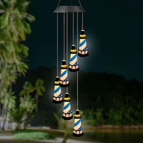 Lighthouse Wind Chimes Outdoors Solar Hanging Lighthouse Decorative Outdoor Lighthouse Solar Lighthouse Windchime（Blue）