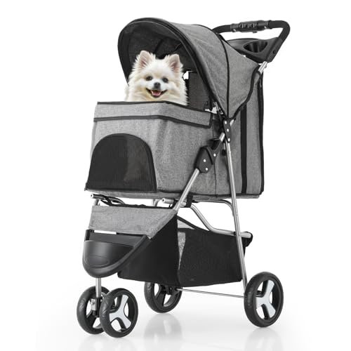 MoNiBloom 3 Wheels Pet Dog Cat Stroller for Small Medium Dogs and Cats, Lightweight Foldable Jogger Stroller w/Storage Basket and Cup Holder, Gray