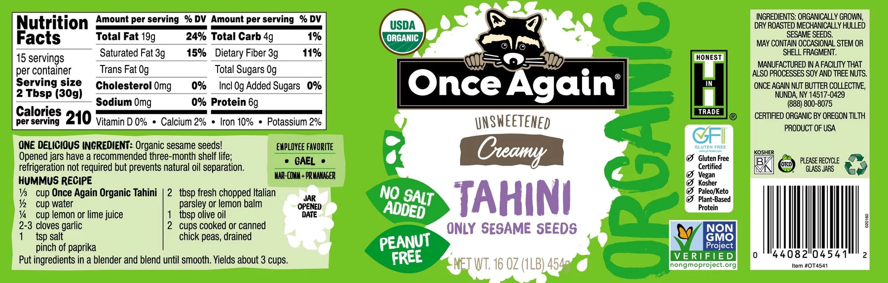 Once Again Organic Unsweetened Tahini Creamy Sesame Seed -- 16 oz Pack of 2