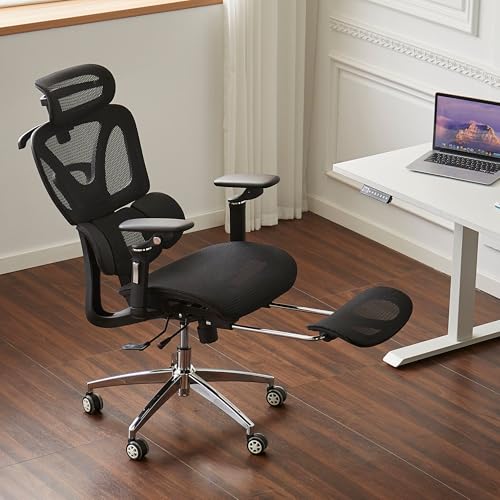 Ergonomic Mesh Office & Gaming Chair with Footrest, High Back Home Office Desk Chair, Comfortable Lumbar Support, 130° Tilt, Adjustable 3D Armrest & 2D Headrest (Black)