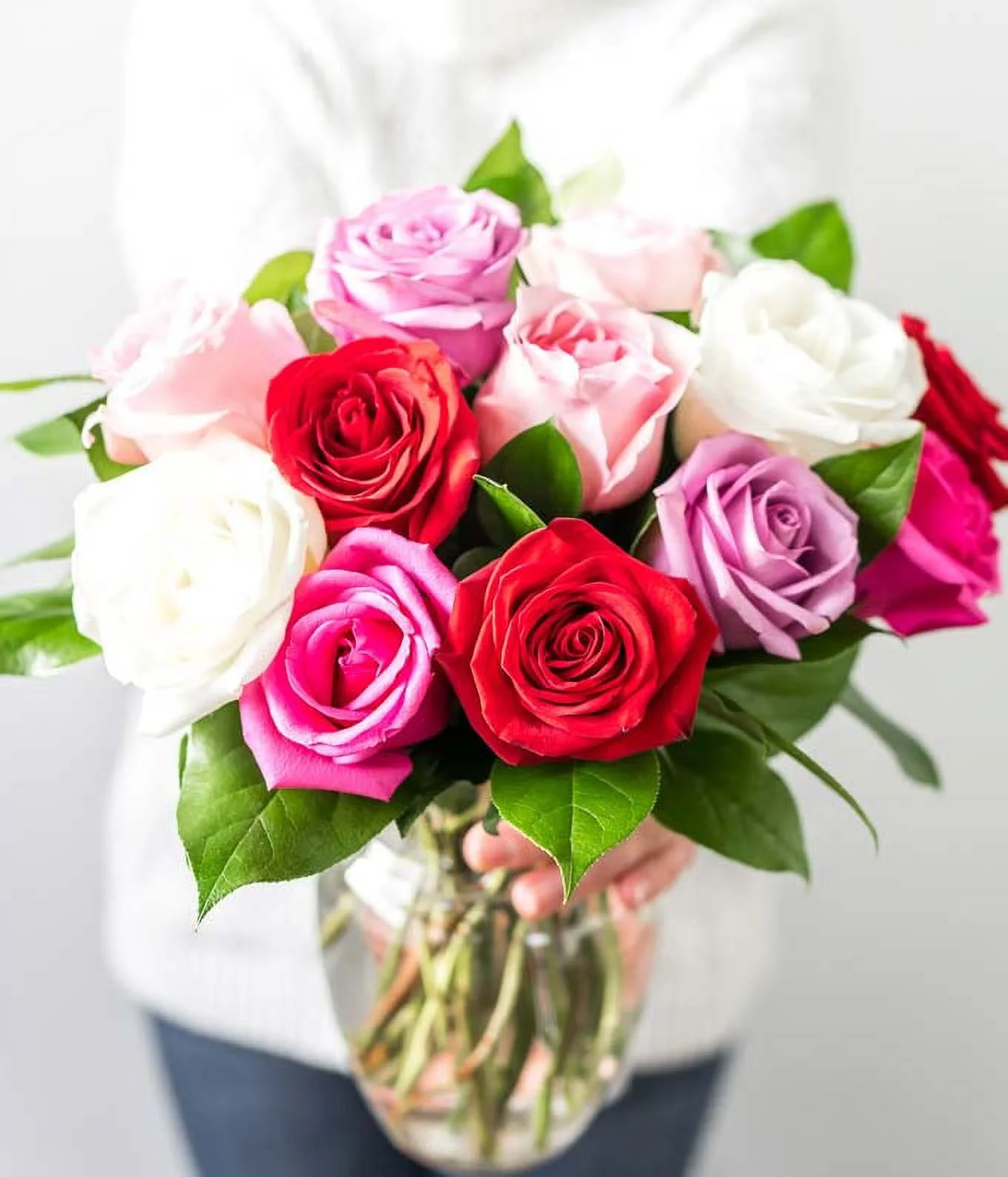 From You Flowers - One Dozen Red, Pink, Purple & White Roses with a Clear Glass Vase, Chocolates, & Teddy Bear (Fresh Flowers)