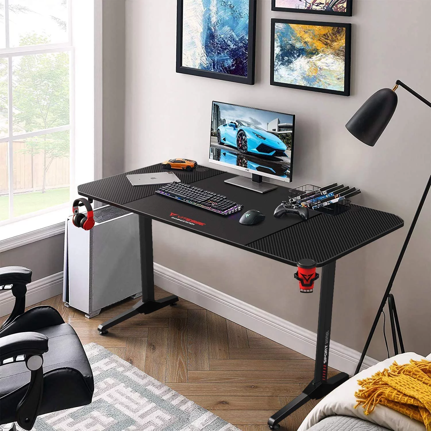 sell well VITESSE Gaming Desk 63 Inch  Ergonomic Gamer Computer Desk with Mouse Pad  PC Gaming Tables with Chargeable Gaming Handle Rack  Cup Holder Headphone Hook