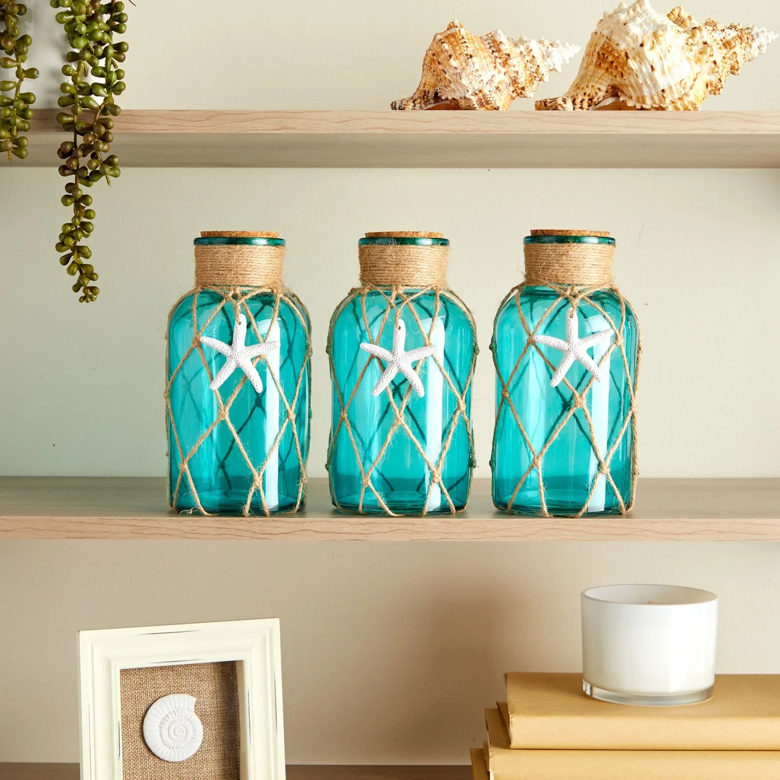 3 Pack Blue Glass Vase with Cork Lid, Rope and Starfish Accent, Beach Home Decor (4 x 8 In)