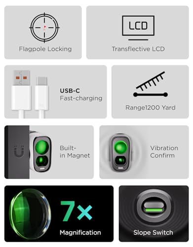 Golf Rangefinder with Slope, 1200Y Laser Range Finder for Golf, 7X Magnification, Flag Lock with Vibration, Magnetic Cart Mount, Ultra-Clear Display, USB-C Rechargeable, Waterproof