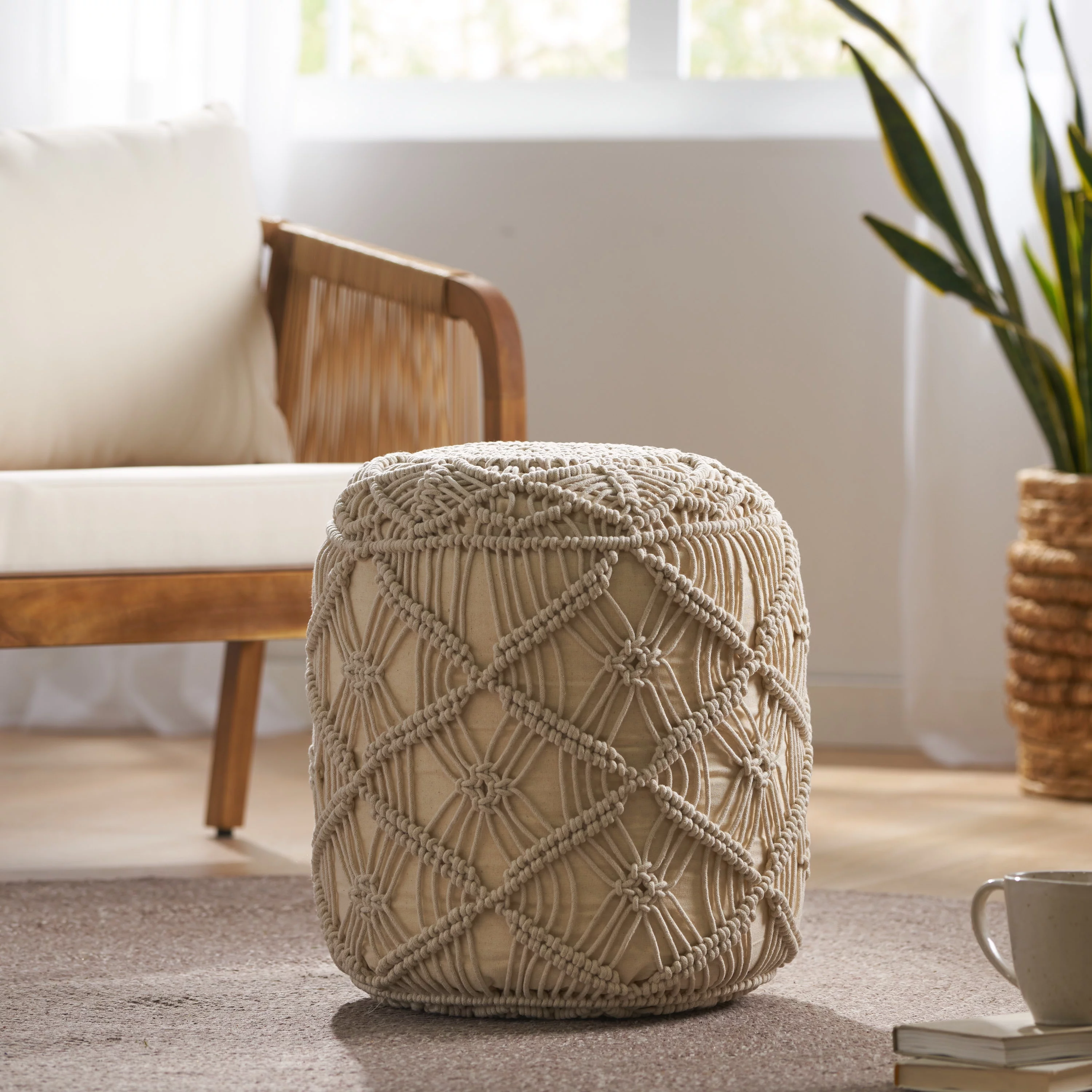 Noble House Rashad Fabric Cube Pouf, Natural