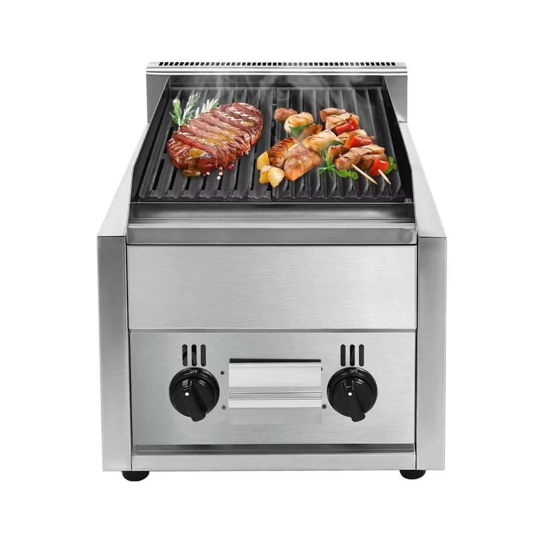 Oukaning Commercial Restaurant Radiant Broiler Char Grill Countertop Gas Grill 2 Burners Stainless Steel