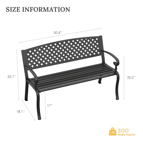 VICLLAX 50” Outdoor Garden Bench with Armrests and Backrest, Waterproof Patio Metal Bench for Park, Porch, Backyard, Round Pattern Back