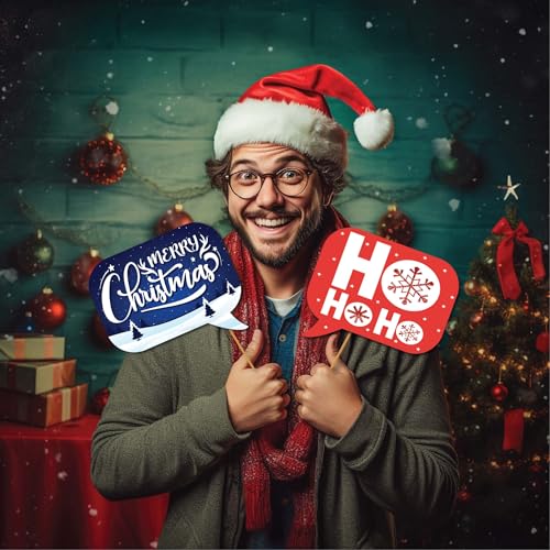 Christmas Photo Booth Props - 41-pc Photobooth Kit with 8 x 10-Inch Sign, 60 Adhesive Pads, 45 Sticks - Christmas Photobooth Props - Holiday Photobooth Prop