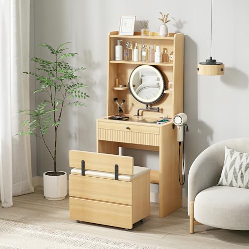IRONCK Vanity Desk with Adjustable Makeup Mirror and LED Lights, Modern Glass Top with Storage Drawers & Shelves, Hidden Stool Storage, Dressing Table Set w/Charging Station for Bedroom, Oak