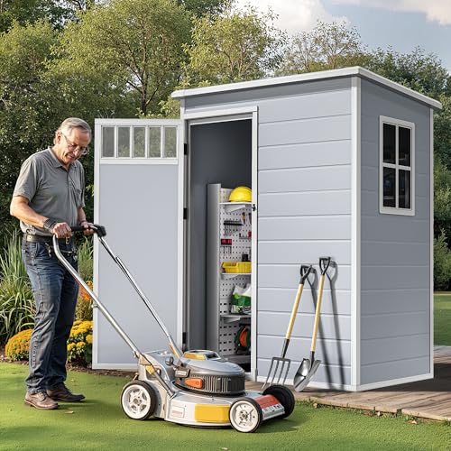 DWVO 6x4.4 FT Resin Storage Shed with Fence-Style and Side Windows, Lockable Door, and Vents for Garden, Backyard, Patio, Lawn, Brown