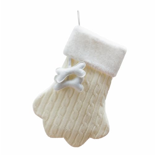Knit Cat Paw Christmas Stockings with Faux Fur Cuff Cat Christmas Stocking Large Knitted Christmas Stockings for Cats Hanging Stockings Ornaments Holiday Decor (Cat Paw Fish, White)