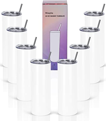 20 Oz Stainless Steel Straight Skinny Tumbler Set (8 Pack), Insulated Slim Thin Travel Cup with Lid, Black