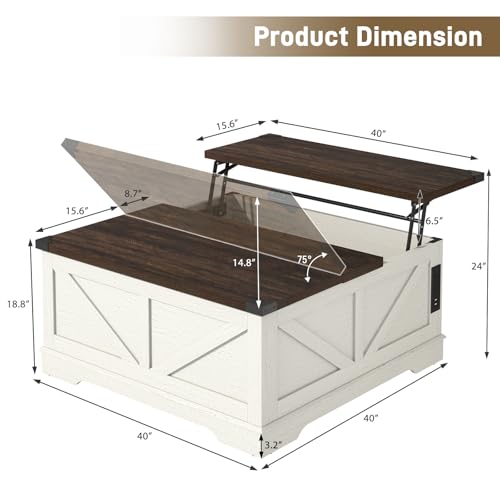 40” Large Farmhouse Lift Top Coffee Table with Power Outlets and Large Hidden Storage, Square Wood Living Room Tables, Multi-Function Lift Wooden Barn Door Center Table, Rustic White