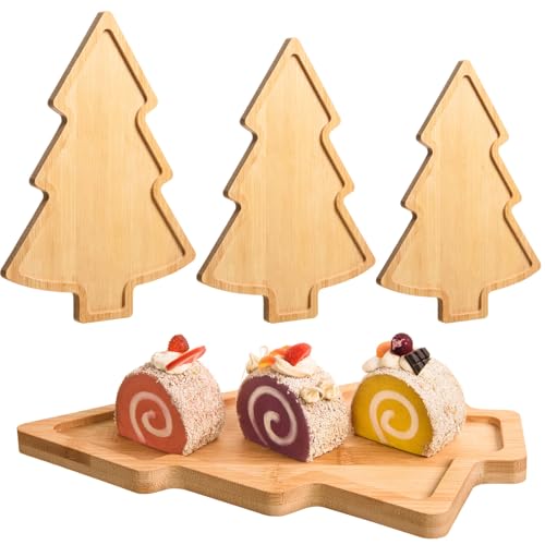 AWIZOM 3 Pcs Wooden Serving Platters Assorted Size Christmas Tree Bamboo Charcuterie Boards Wood Dish Plates for Xmas Holiday Housewarming Presents, 3 Sizes
