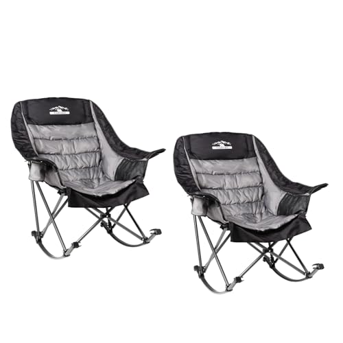 Oversized Rocking Camping Chair, Fully Padded Camp Chairs for Adults with Side Pocket and Cup Holder, Heavy-Duty 400lbs Capacity, Blue & Gray