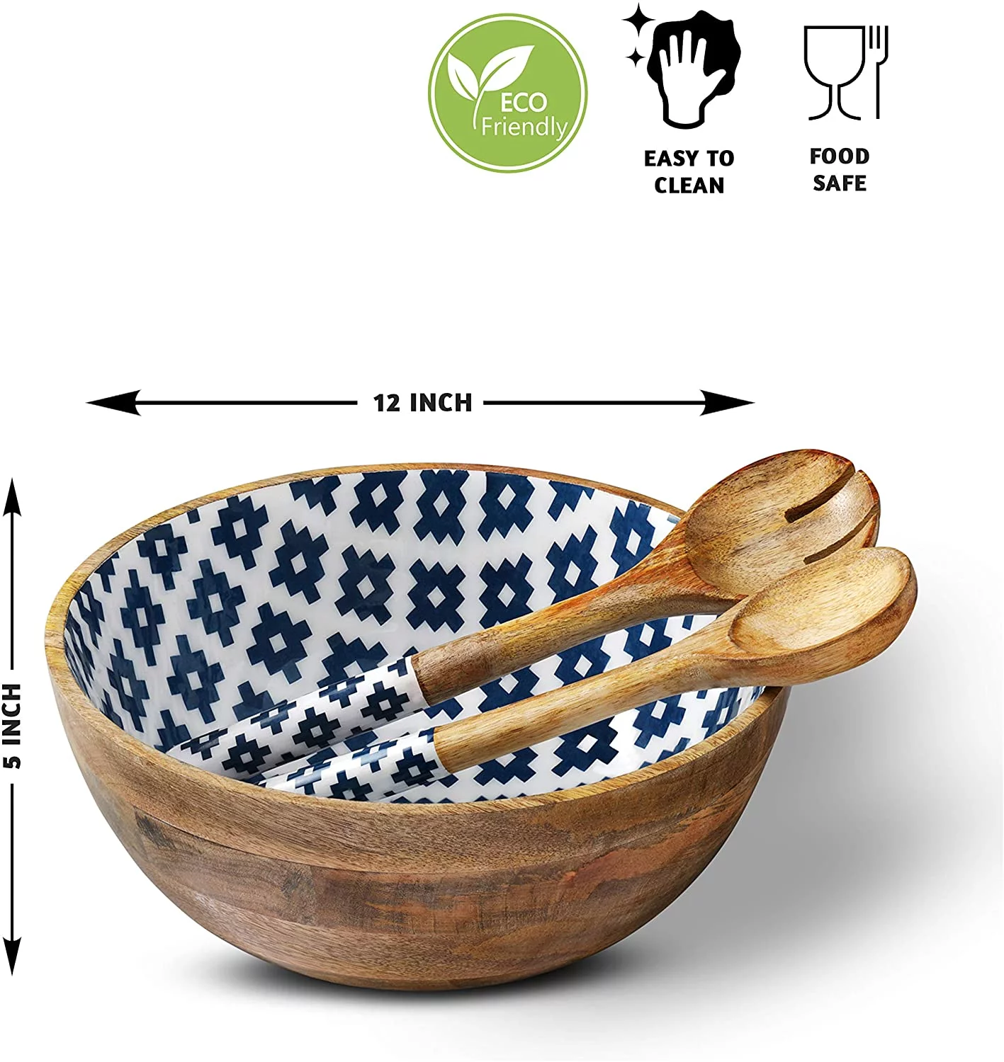Folkulture Salad Bowl with Serving Tongs, 12x5 inches, Mango Wood, Geometric Blue