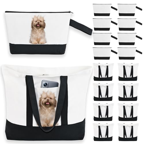 16 Pack Canvas Tote Bags Bulk and Makeup Pouches Set, 12oz Cotton Reusable Zippered Grocery Bags with Handles, DIY Sublimation, Halloween Craft, Beach & Travel with External Pocket (Women & Men)