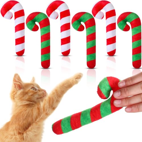 6 Pcs Christmas Cat Toys Catnip Candy Cane Christmas Cat Gifts Resistant Chew Toy Peppermint for Xmas Kitten Indoor Interactive Pet Lover Gift Stuffed Teething Chew Pillow Training