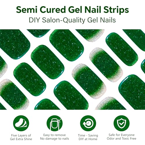 Semi Cured Gel Nail Strips-Easy Apply Christmas Gel Nail Stickers Holiday Semi Cured Manicure Strips with Sparkling Xmas Designs (Classic Yule)