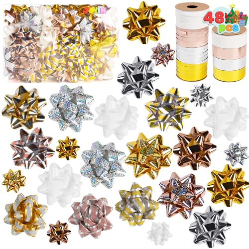 JOYIN 46PCS Christmas Bows and 2 Rolls of Ribbon Assortment, Multi-Colored Size Assort Self Adhesive Gift Bows and Curling Ribbons for Gift Wrapping, Birthday Wedding Xmas Presents Decoration