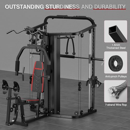 SunHome Multifunction Home Gym System Workout Station,Smith Machine with 138LB Weight Stack, Leg Press, LAT Station for Full Body Training
