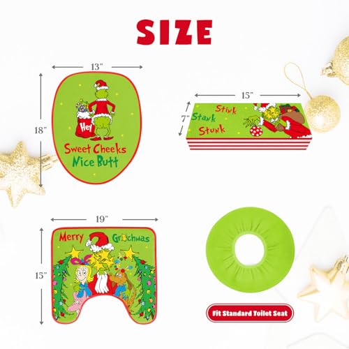 Funny Christmas Bathroom Decorations, Set of 4 Toilet Seat Cover Sets with Toilet Lid Cover Toilet Seat Cover Rug Tank Cover, Xmas Indoor Home Bath Room Decor, White Elephant Gag Gifts for Women Men