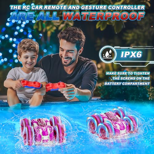 Waterproof Remote Control Car，4WD Amphibious 2.4 GHz RC Car Remote Control Boat，360°Rotation RC Stunt with LED Lights，Boys Girls Gifts All Terrain Water Beach Pool Toy