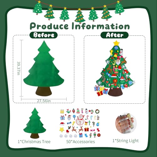 Felt Christmas Tree for Toddlers, Green Monster Christmas Decorations,52 Ornaments Kids Gifts Party Supplies,Stitched Edges,Party Favors & Gift Box(3.5ft)