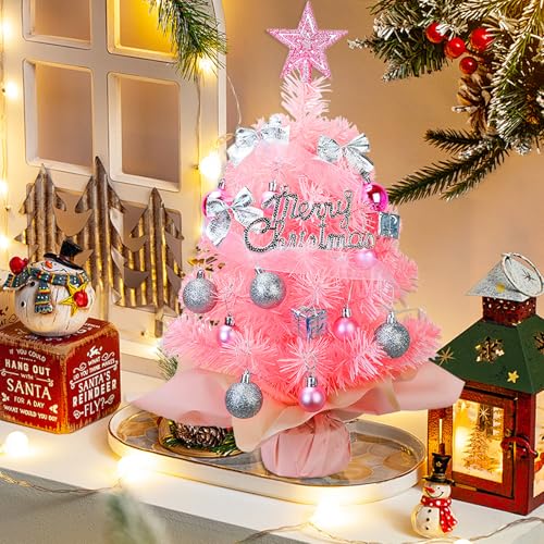 Small Mini Christmas Tree with 50 LED Lights 24 Inch /2FT Tabletop Prelit Artificial Christmas Tree Decorated Gift Boxes and Hanging Ornaments for DIY Christmas Decoration（Battery Powered）