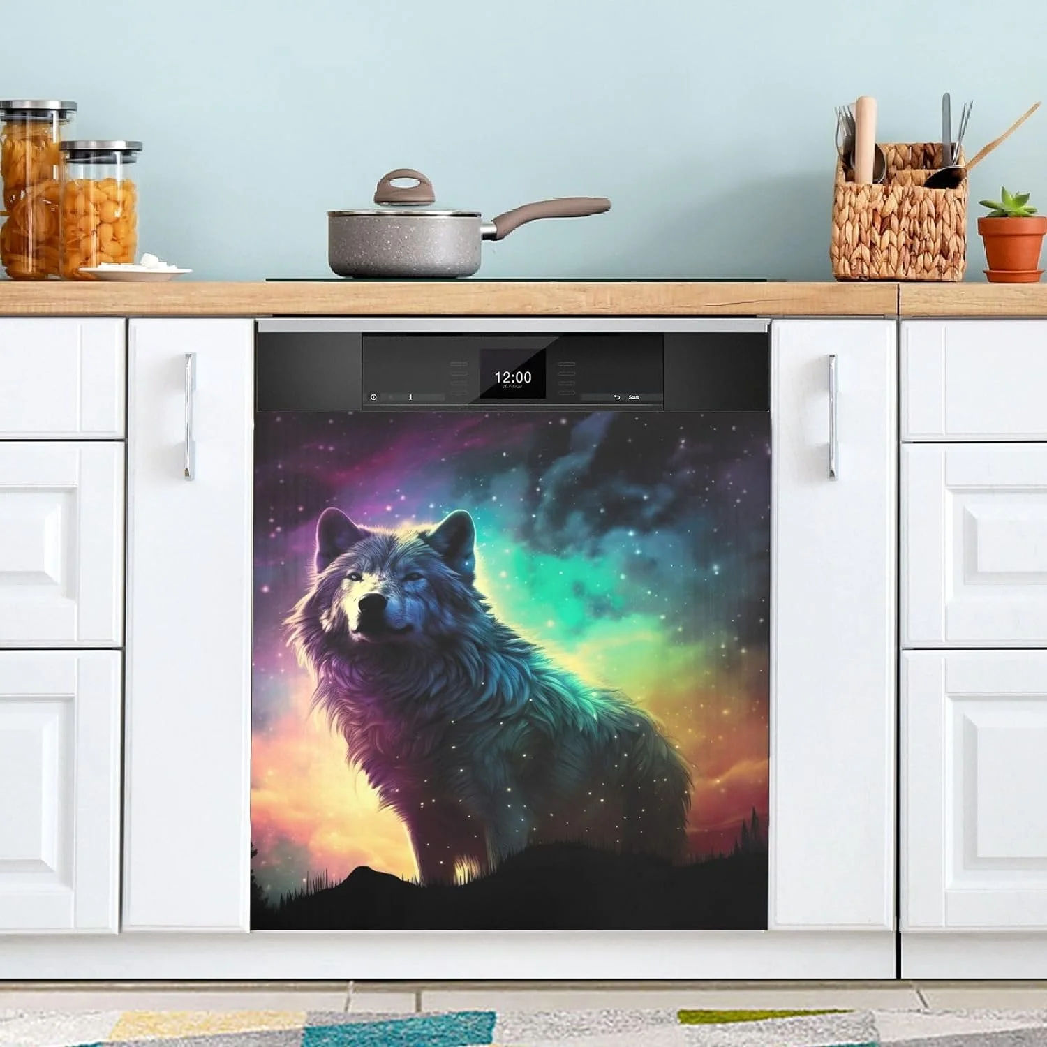 Coolnut Magnetic Dishwasher Stickers Starry Night Wolf Kitchen Dishwasher Cover Sticker, Panel Decal Home Cabinet Appliances Stickers 23in W x 26in H Home Decor