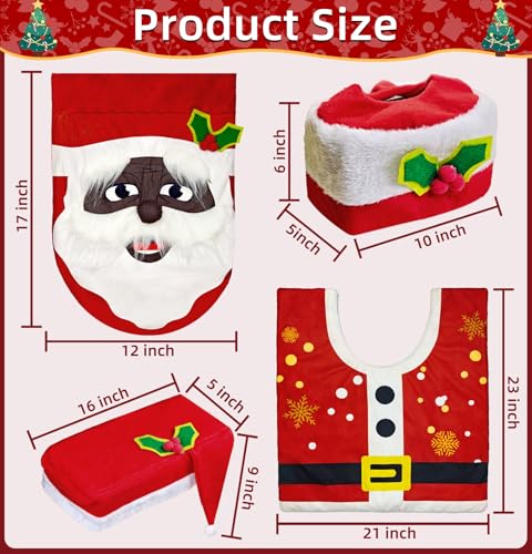 4 Pcs Black Santa Christmas Toilet Seat Cover Set, African American Bathroom Decoration Set with Toilet Seat Cover, Non Slip Bathroom Rugs, Tank Cover, Tissue Box Cover for Bathroom Indoor Decor