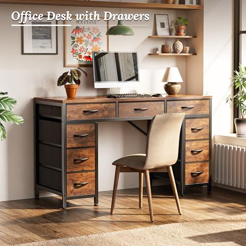 PRAISUN 47 Inch Office Desk with Outlets, Computer Desk with 9 Fabric Drawers, Writing Gaming Work Study Desk for Bedroom, Living Room, Home Office, Large Storage, Rustic Brown