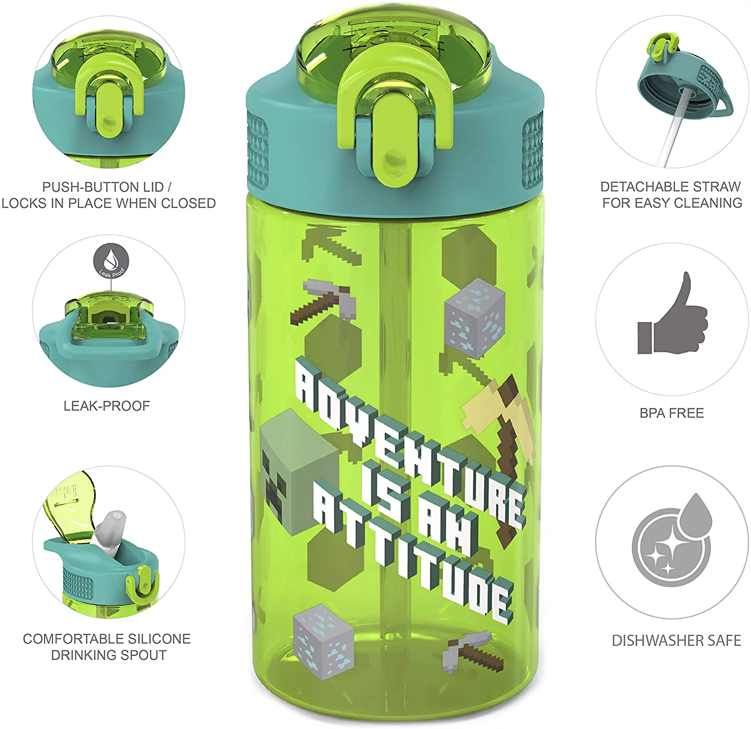 Minecraft Pencil Case, 4 Pixelated Pencils, Drawstring Backpack, 1 Gamer Eraser, 50 Stickers and 16oz Minecraft Creeper Zak Water Bottle